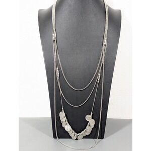 Silver Tone Textured Coin Disc Charm Multi Chain Long Layer Necklace 27 in